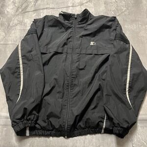 VTG Starter Mens Black White Zip Up Hooded Track Jacket Athletic Size Large